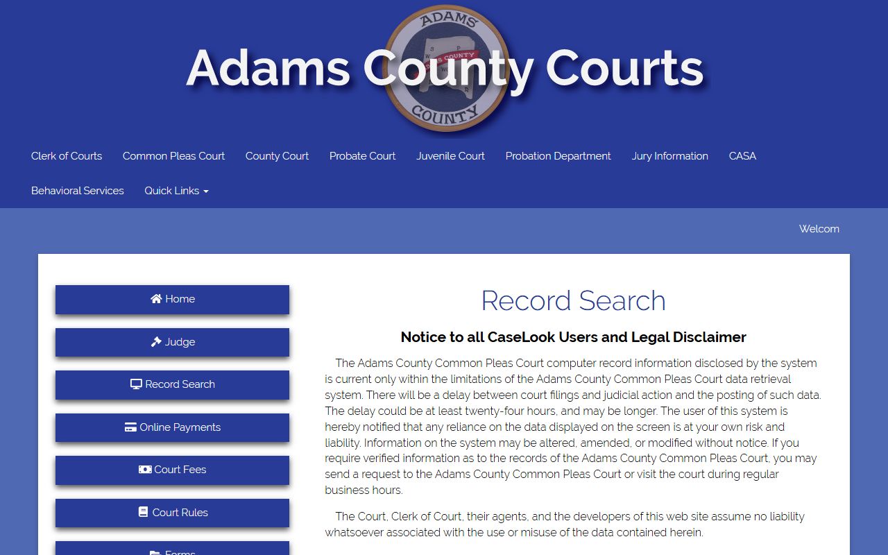 Adams County Courts official website civil court records search portal