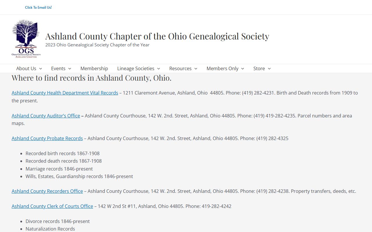Ashland County Chapter Ohio Genealogical Society civil court records resources