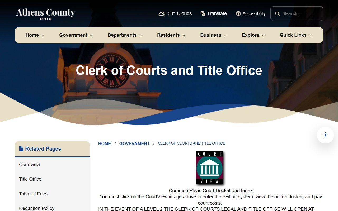 Athens County government website civil court records clerk of courts