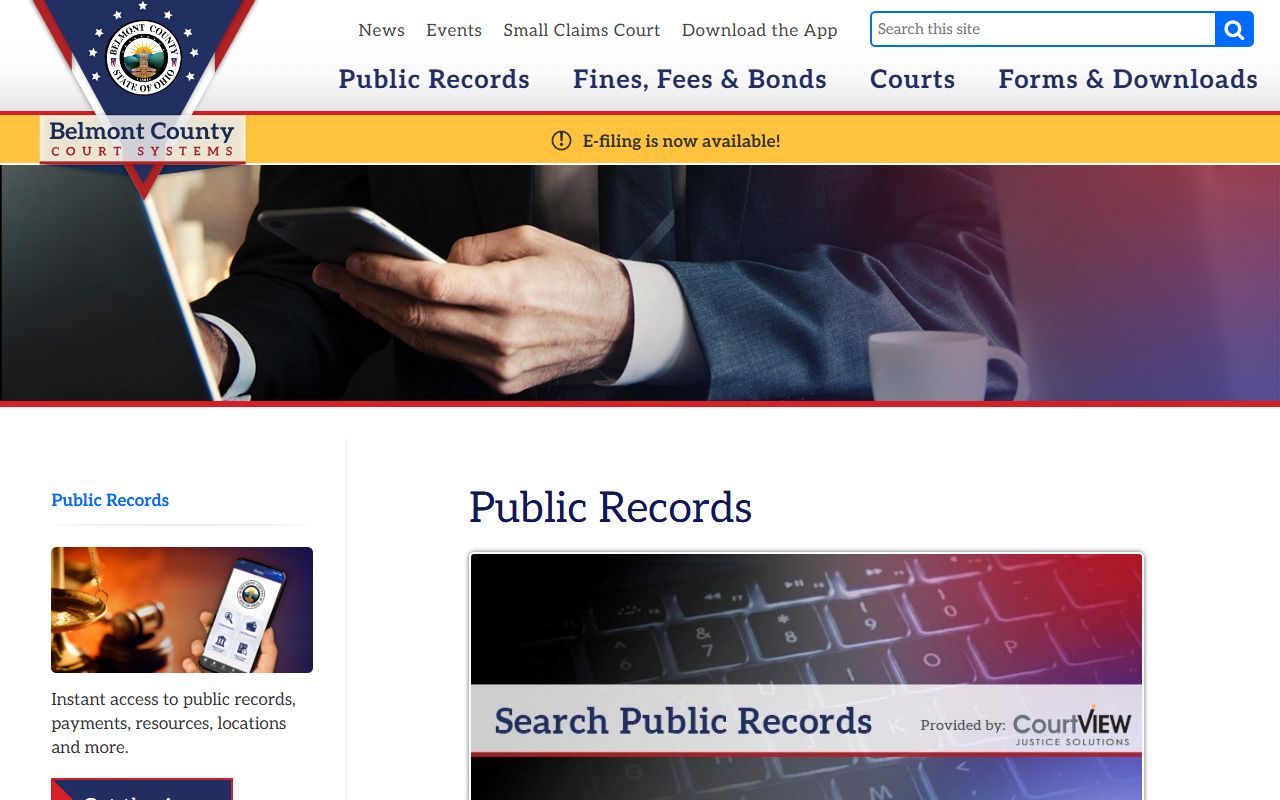 Belmont County Courts public records search page for civil court records