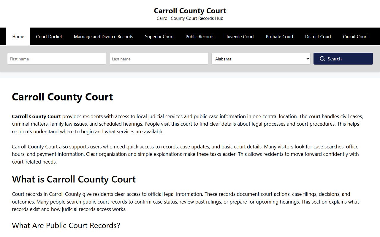Carroll County Courts information page for civil court records