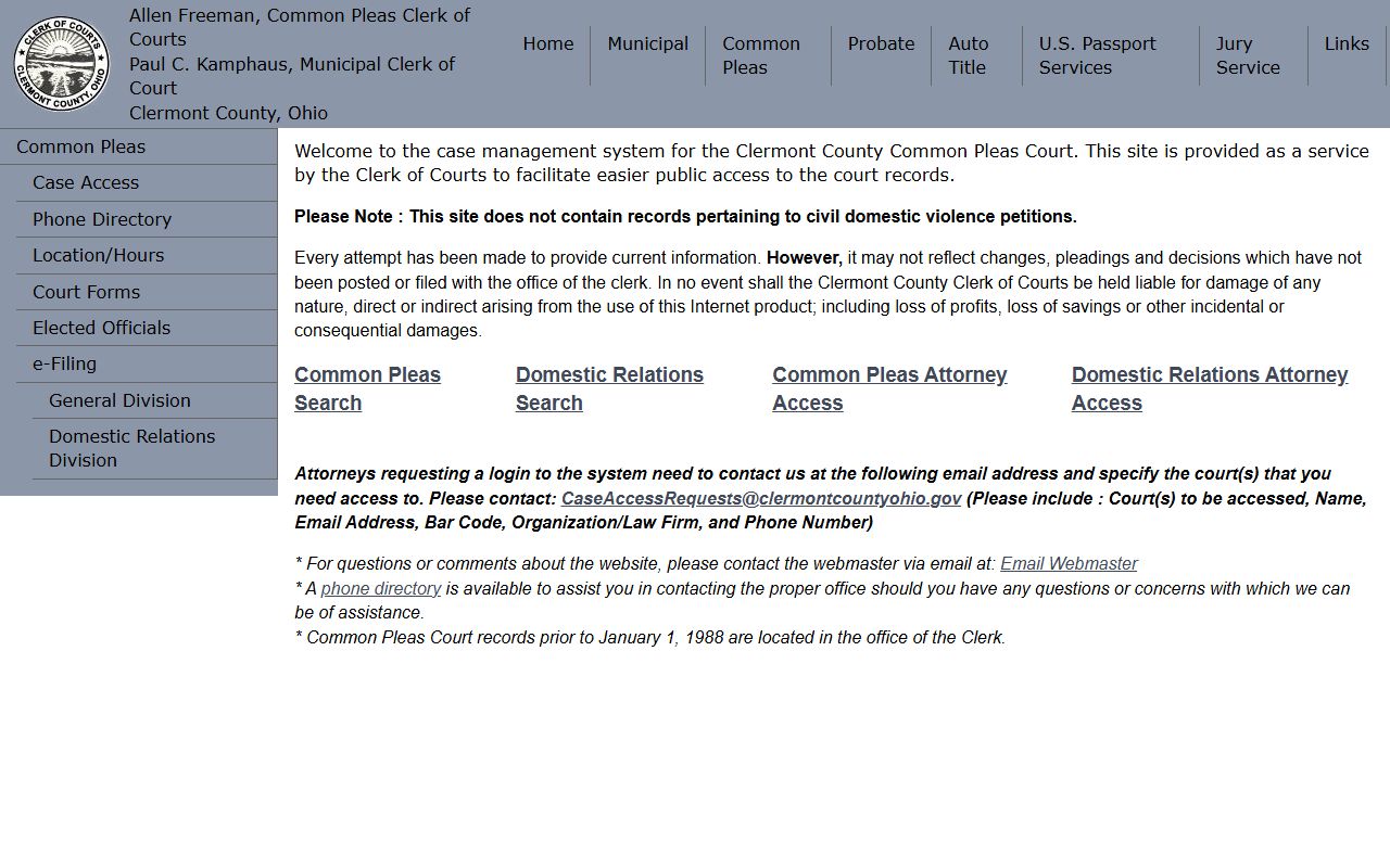 Clermont County case management system civil court records search