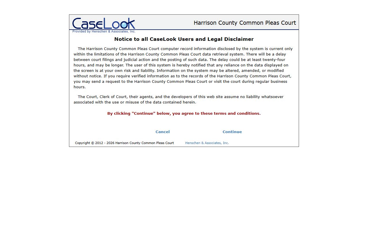 Harrison County Common Pleas court record search portal for civil cases