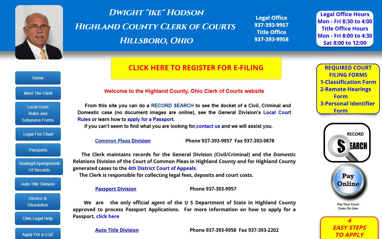 Highland County Clerk of Courts website for civil court records