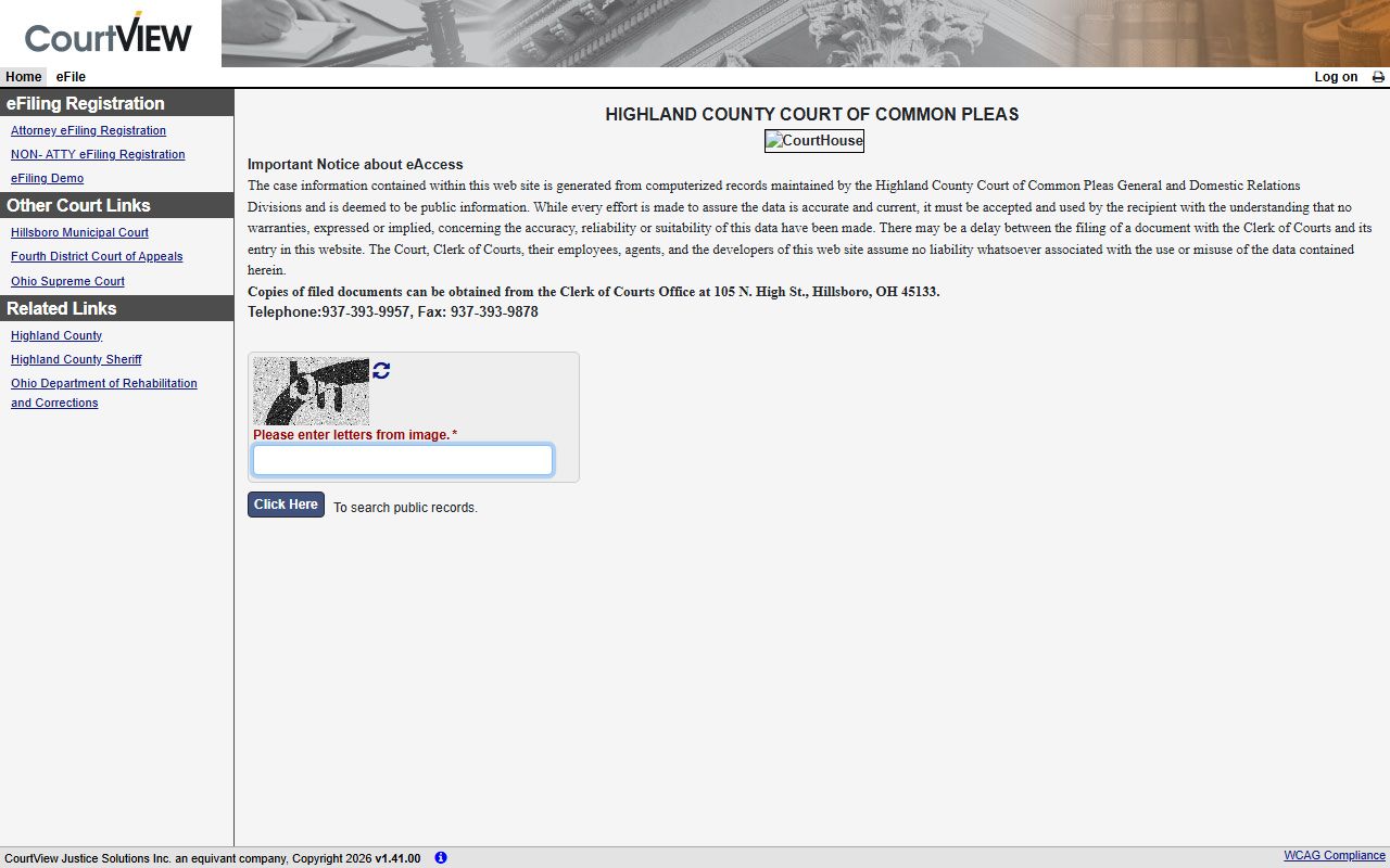 Highland County eAccess portal for civil court records search