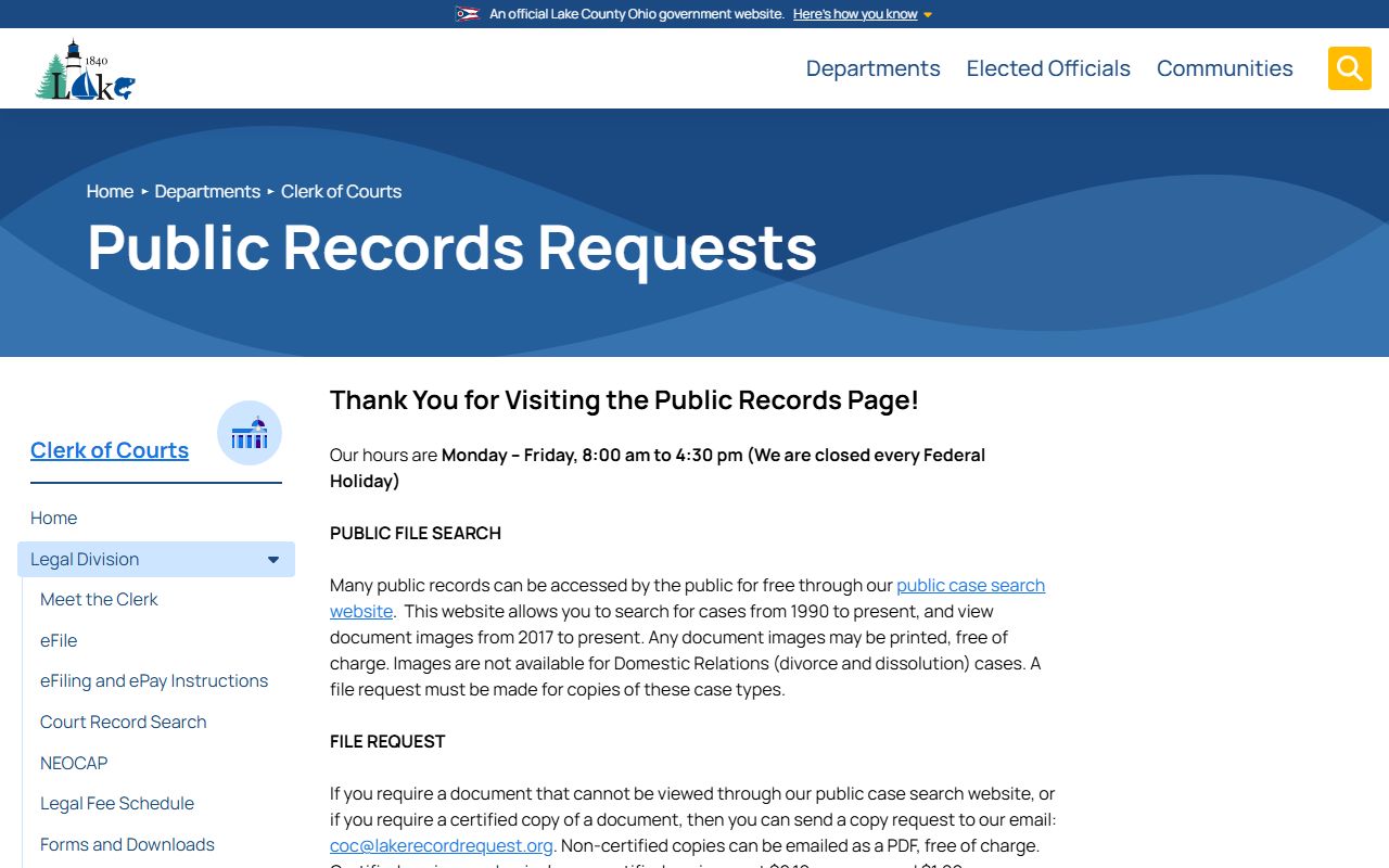 Lake County Clerk of Courts public records request page