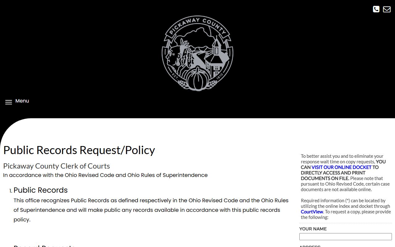 Pickaway County Clerk of Courts public records request policy for civil court records
