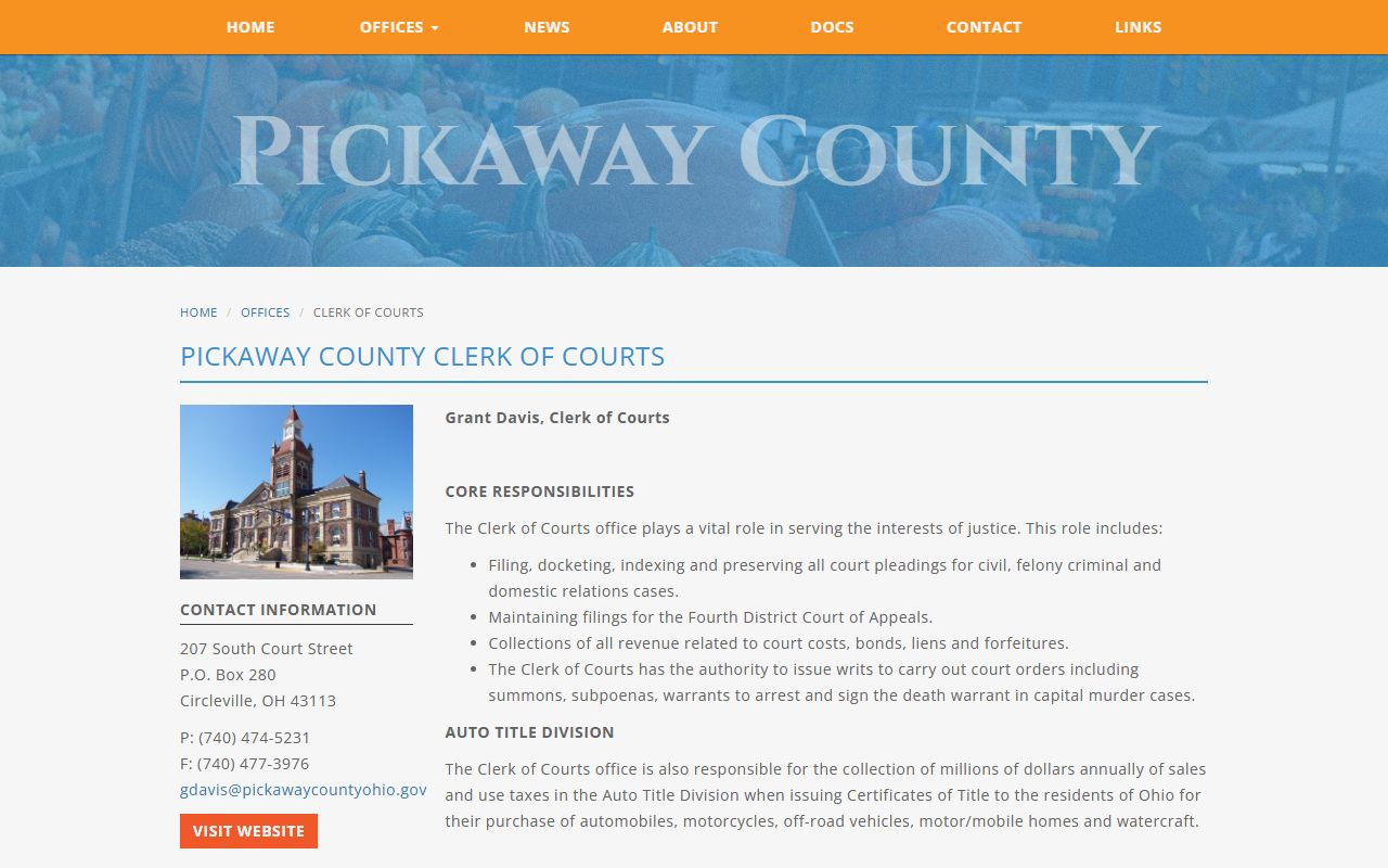 Pickaway County official website clerk of courts civil court records