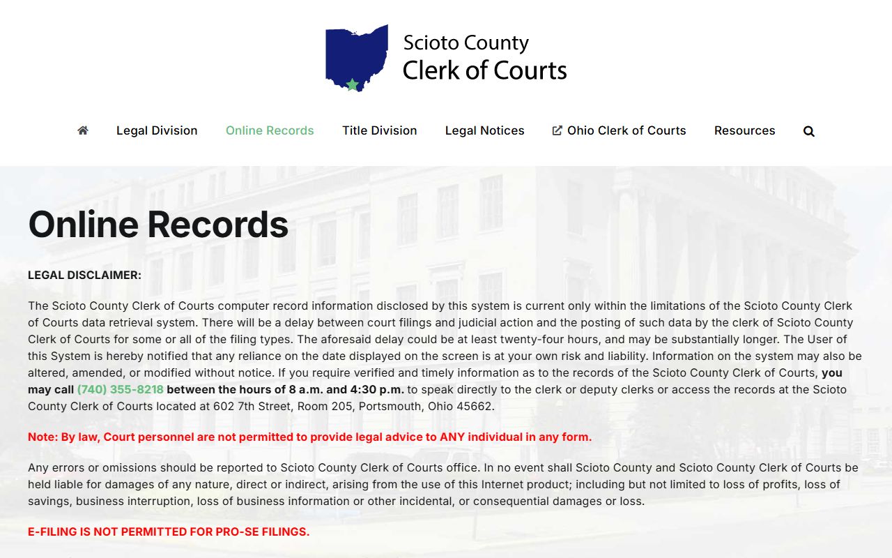 Scioto County Clerk of Courts online records portal for civil court records
