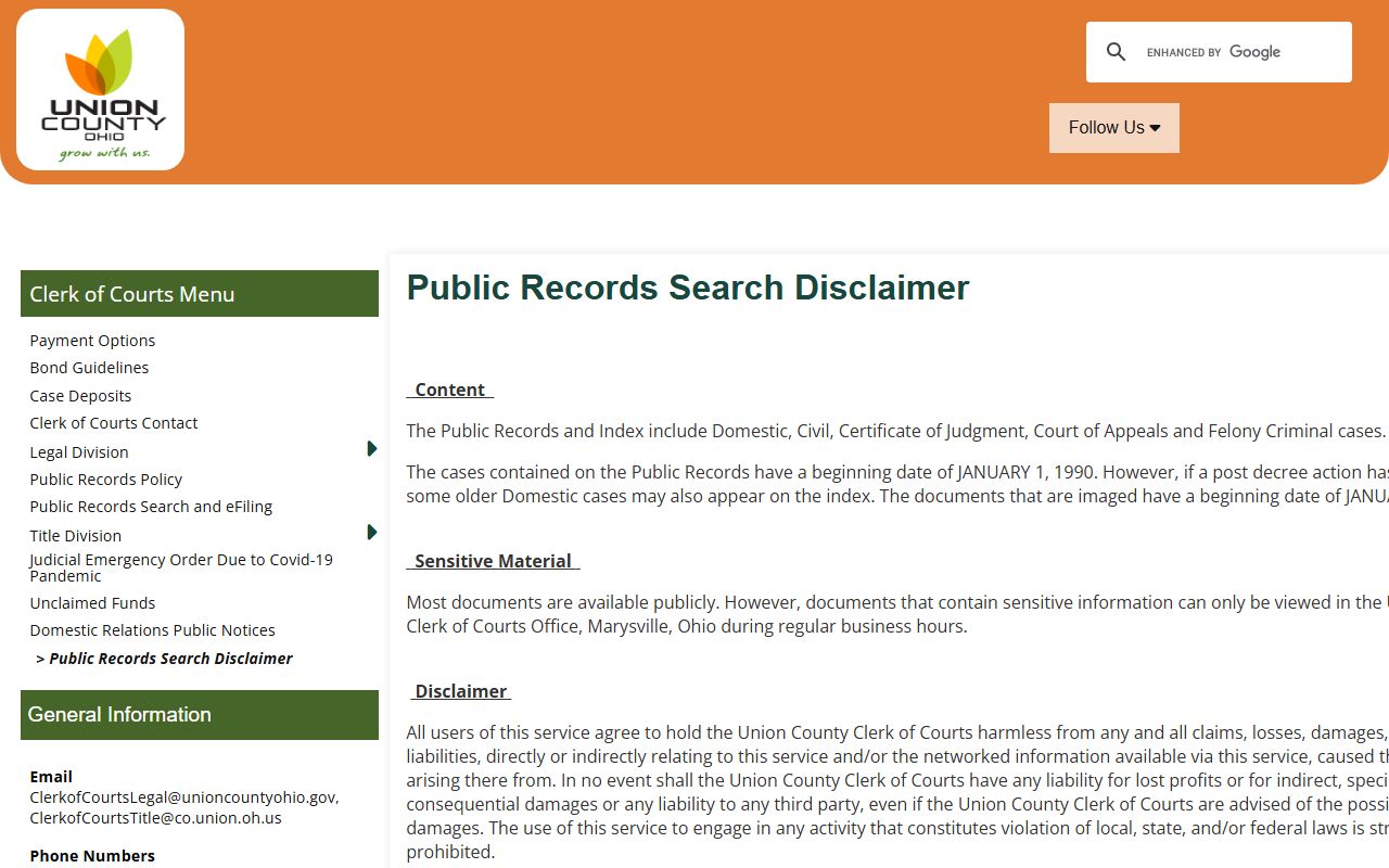 Union County Clerk of Courts civil court records public search portal