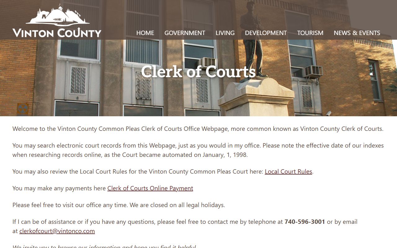 Vinton County Clerk of Courts website for civil court records access