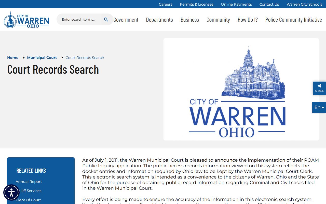 City of Warren Municipal Court records search for civil court records