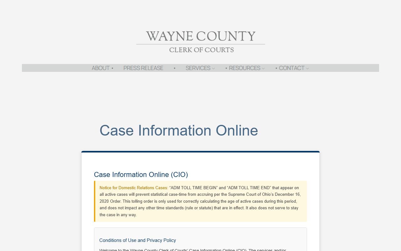 Wayne County Clerk of Courts online case information search for civil court records