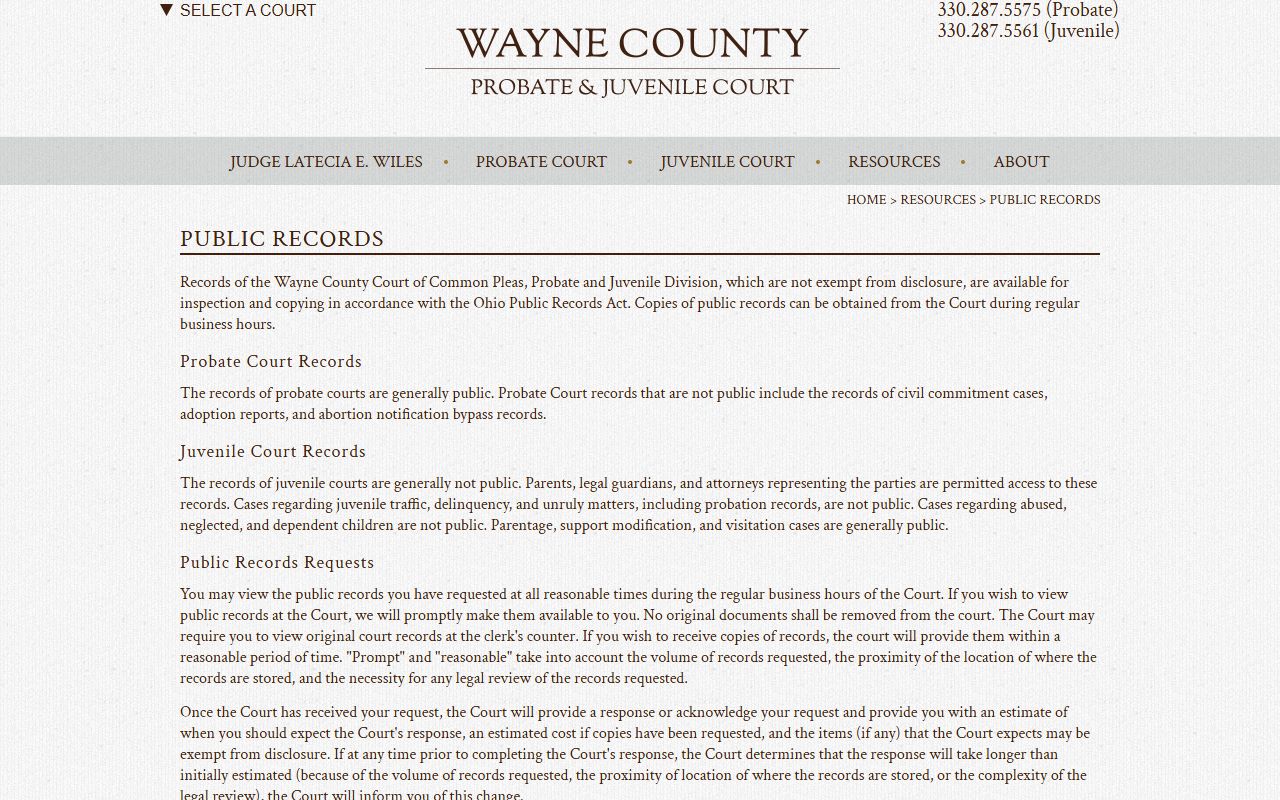 Wayne County Probate and Juvenile Court public records page for civil court records