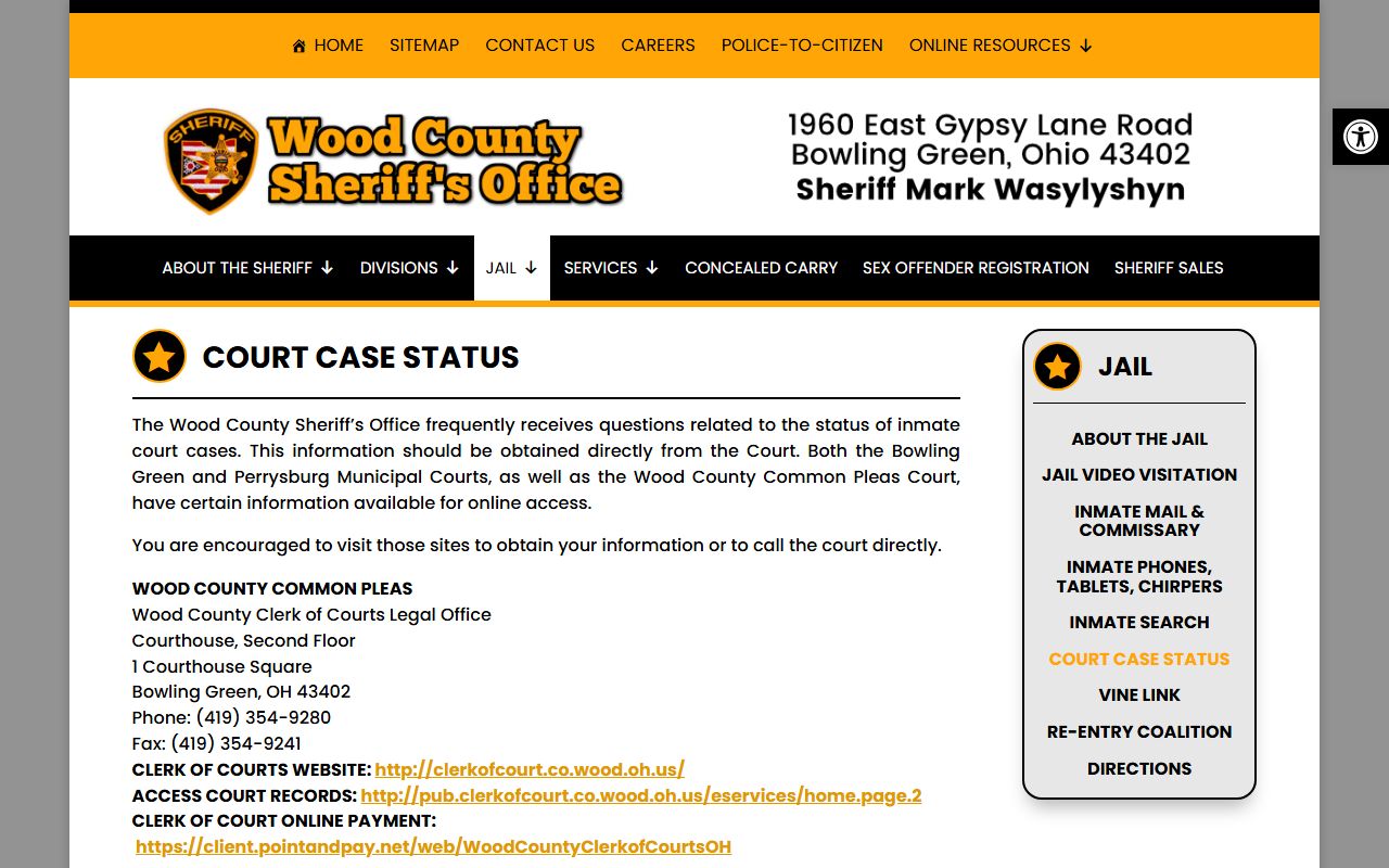 Wood County Sheriff's Office court case status search for civil court records