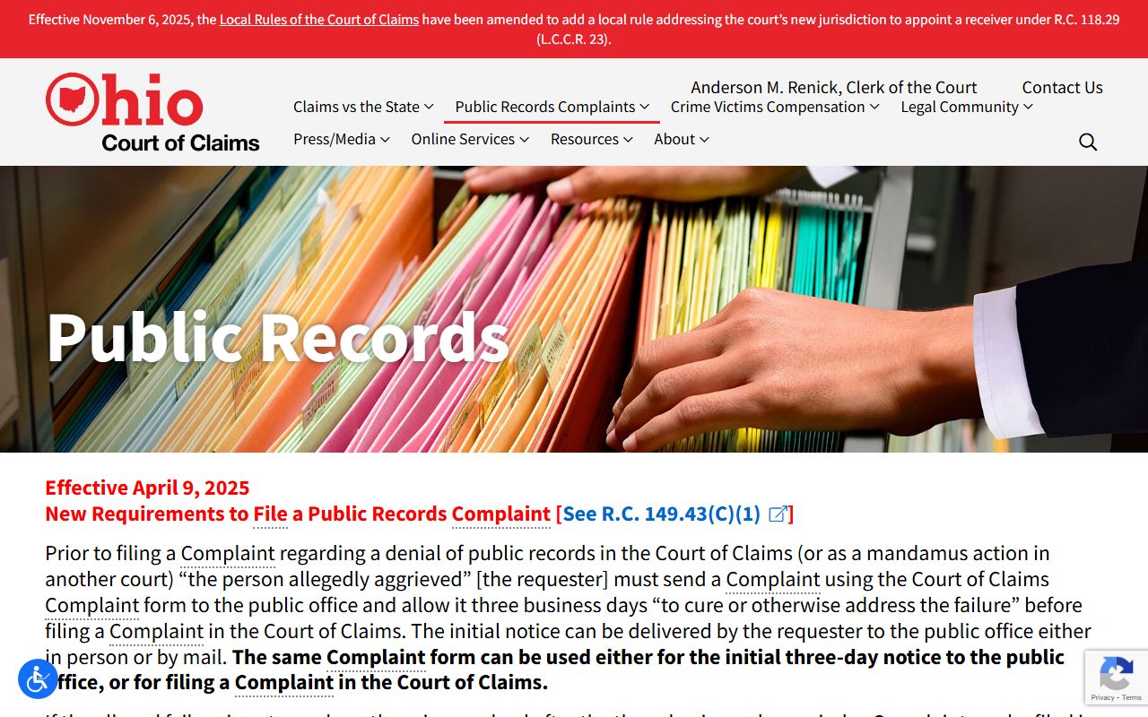 Ohio Court of Claims public records complaints for civil court records
