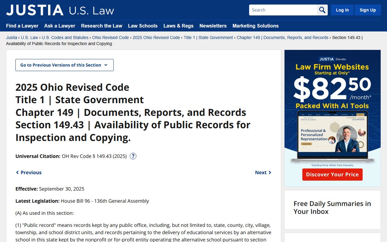 Ohio Revised Code Section 149.43 public records law for civil court records