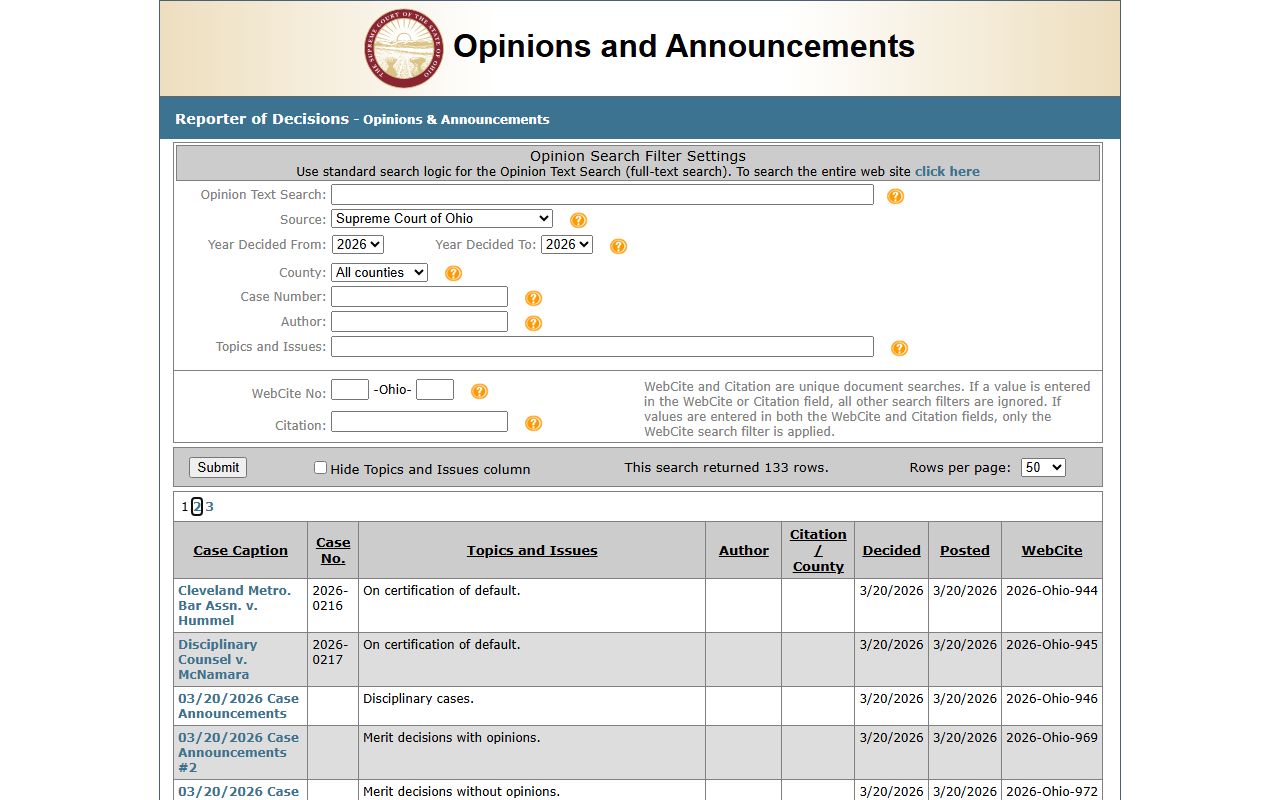 Ohio Supreme Court opinions database for civil court records